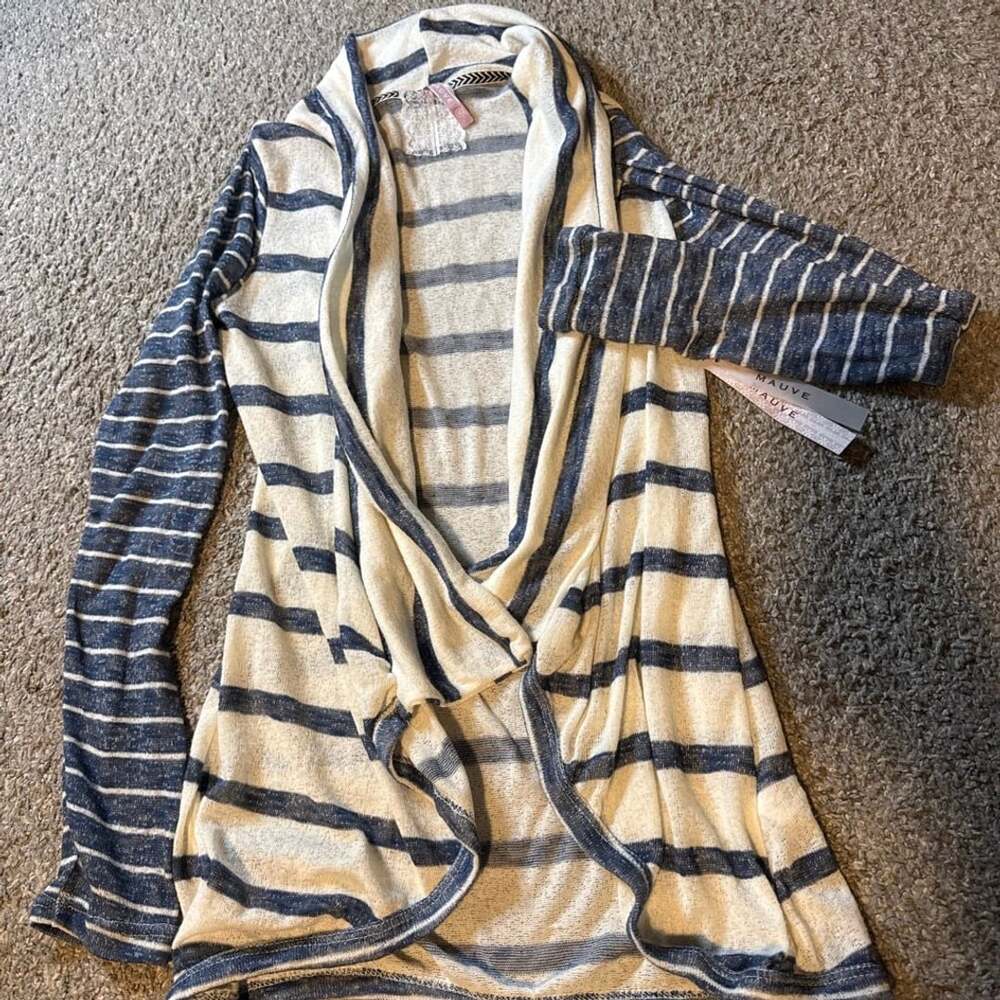 Mauve Women's Open Front Lightweight Cardigan Sweater Blue Striped Size Medium
